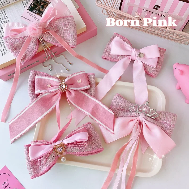 Sweet Pink Crown Bow With Bright Diamond Ribbon Hairpin Heart Rhinestone Barrettes Princess children hair accessories for women princess girls flats pink fashion leather shoes four seasons new 2023 children beige bowknot rhinestone shoes girl dancing shoe