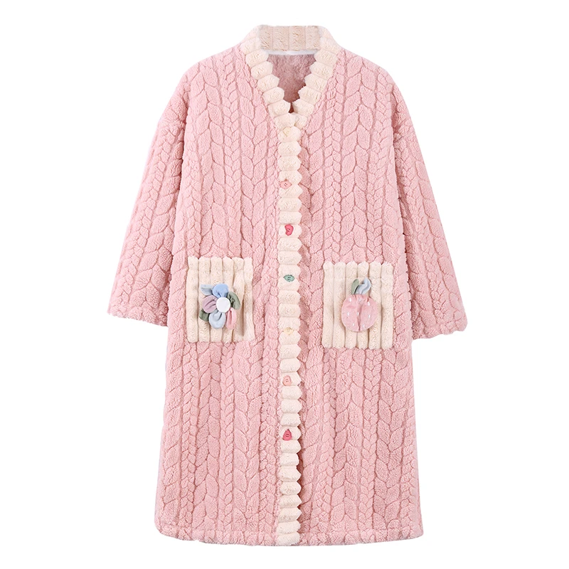 Women Sleepwear Sleepwear Pajamas Robes Women Solid Single Breasted Thick Loose Winter Warm Homewear Simple Leisure Lounge Popular College V-neck Feminino Cozy
