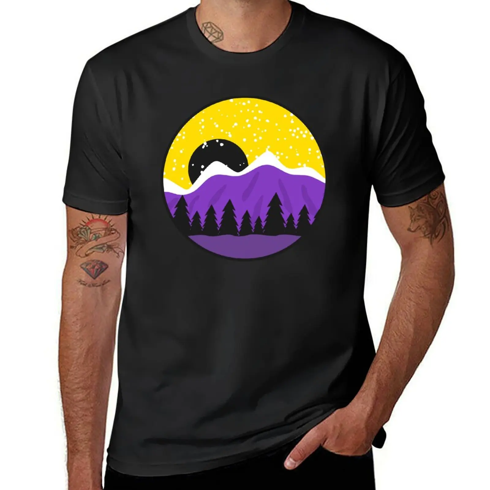

Nonbinary Pride Flag Art Mountain Landscape Snow Trees T-Shirt sports fans plus size tops vintage clothes black t shirts for men