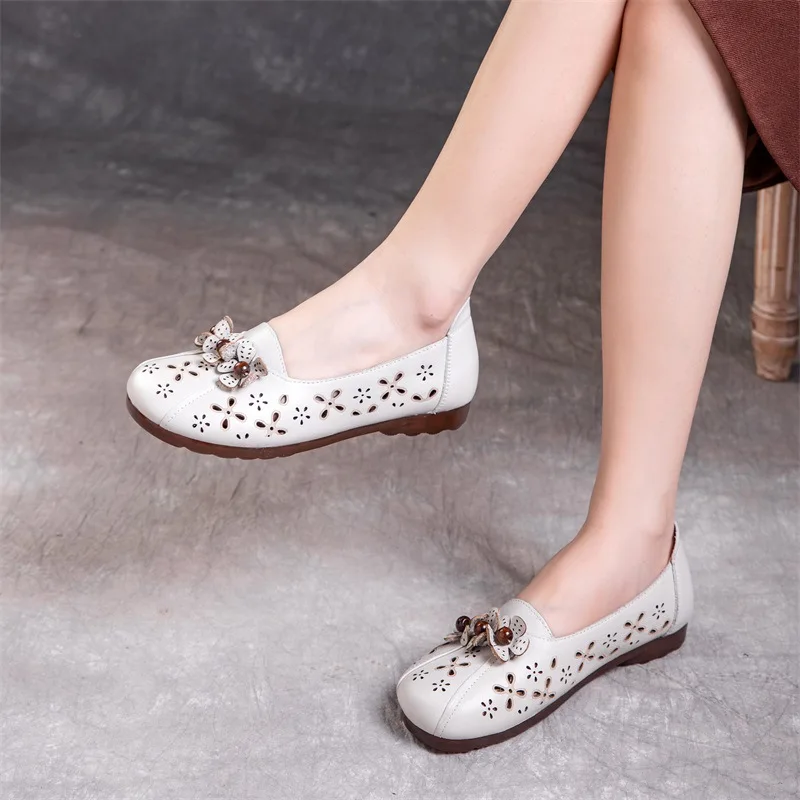 

GKTINOO Genuine Leather Hollow Out Breathable Women's Shoes Comfortable Versatile Soft Sole Shallow Flower Flat Sandals