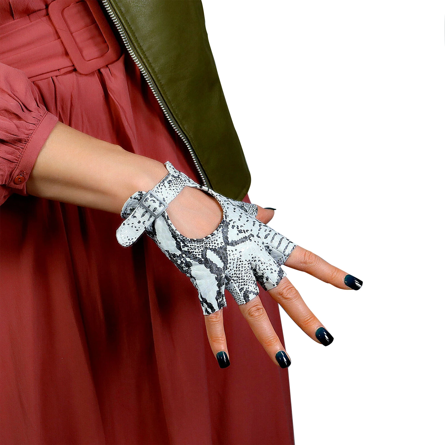

Women's REAL LEATHER SNAKE Gloves Fingerless Half Finger Wrist Short Genuine Lambskin Buckle Closure Fashion Club Driving
