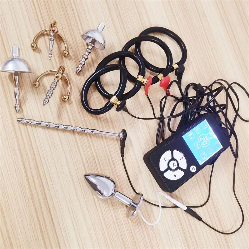 1 Set 8 Modes Electric Shock Silicone Cock Rings Metal Penis Plug Horse Eye Stick Urethral Sounding Adult Games Sex Toys for Men