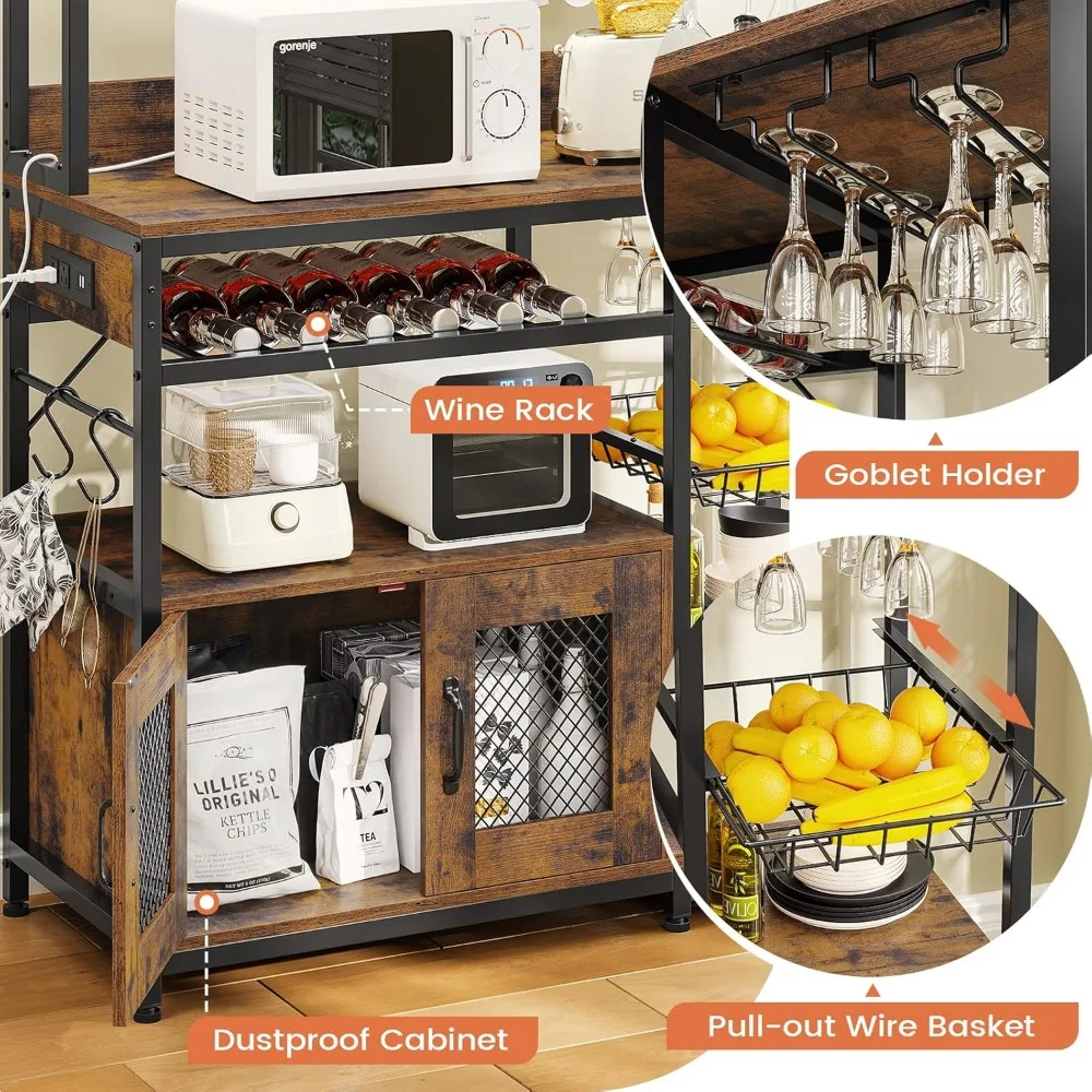 Kitchen Bakers Rack with Storage Shelves, Microwave Stand with Power Outlet and LED Light, Coffee Bar Cabinet Wire Basket Metal 6