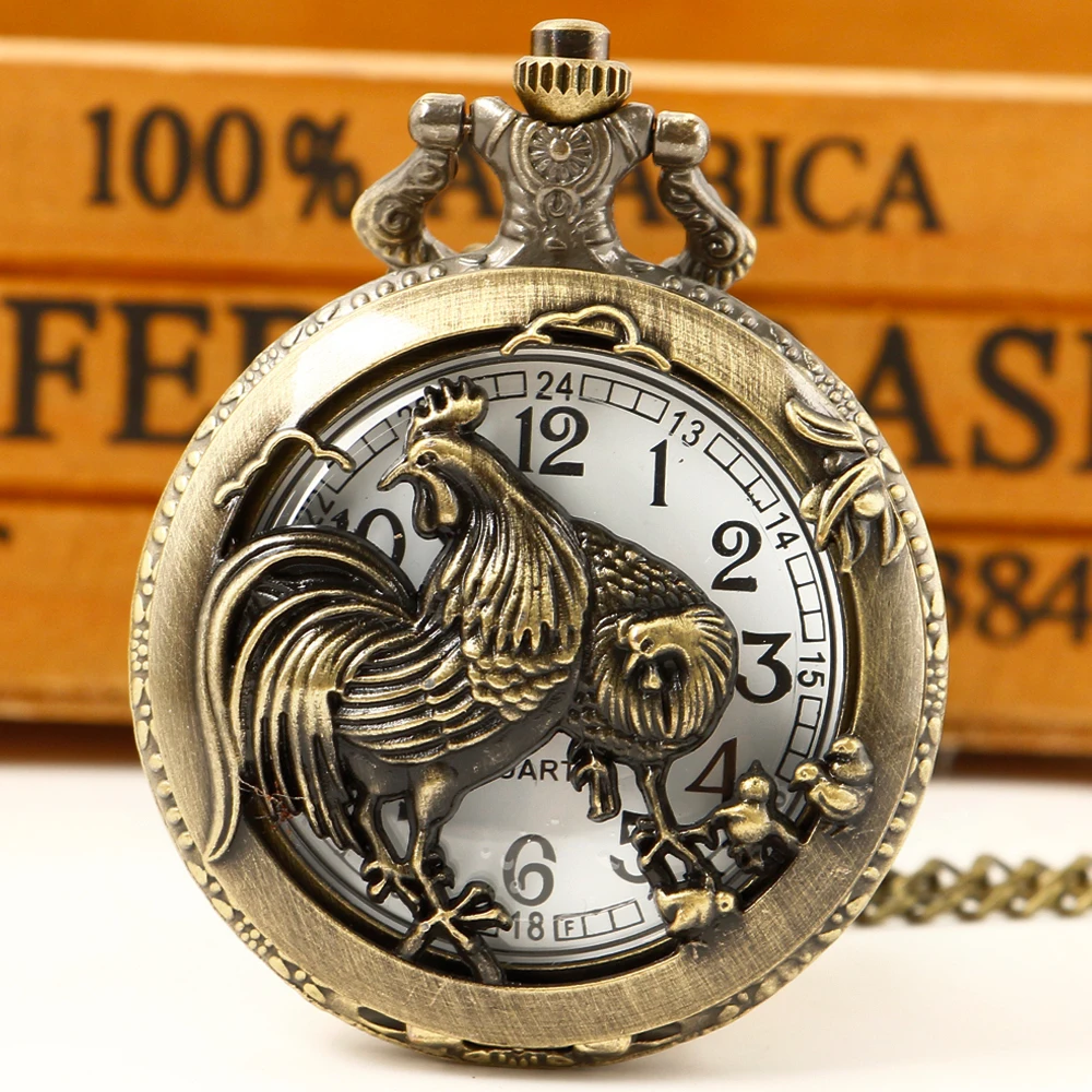 

New Quartz Pocket Watch Retro Creative Zodiac Chicken Hollow Design Pocket FOB Watch Pendant With Chain Men Women