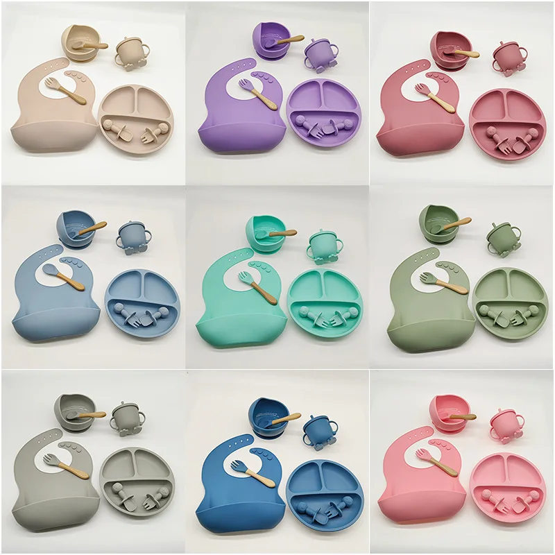 Silicone Meal Set Silicone Feeding Set Baby Tableware Set 8pce Set Baby Complementary Food Training Suction Cups Bowls Supplies