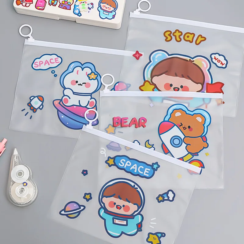 

24 Pcs Cartoon Astronaut File Bags Zipper Stationery Storage Bag File Folders Student Transparent Waterproof Test Products