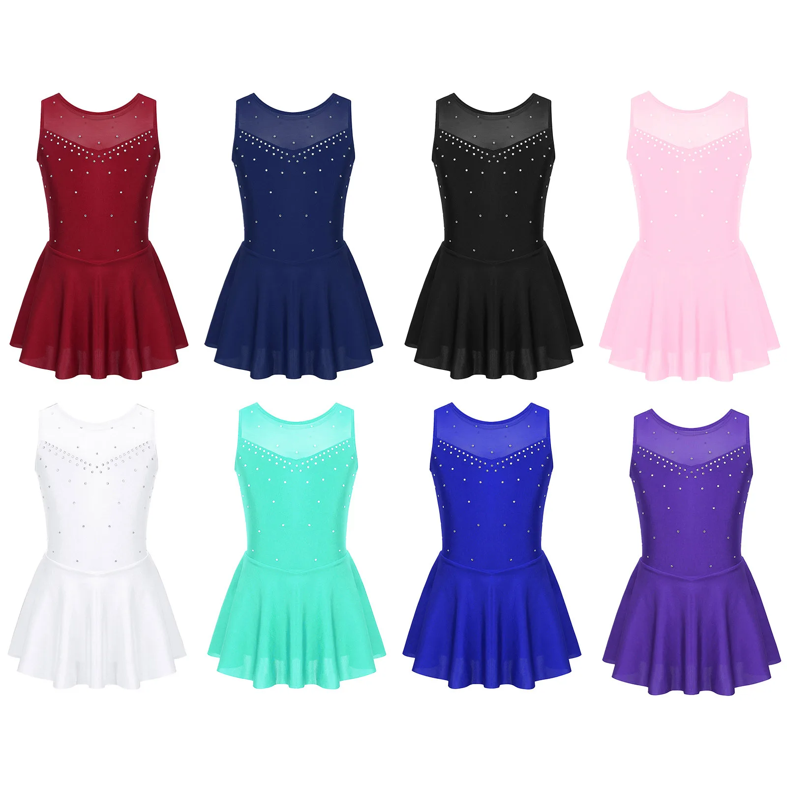 Kids Girls Figure Skating Dress Lyrical Dance Ballet Gymnastics Acrobatics Leotard Tutu Sleeveless Rhinestone Mesh Dancewear