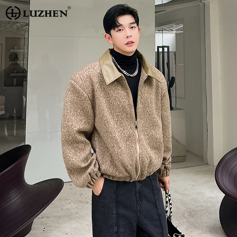

LUZHEN New Stylish Elegant Men's Leather PU Collar Splicing Design Cardigan Coat High Quality Casual Trendy Male Jacket 11bac7