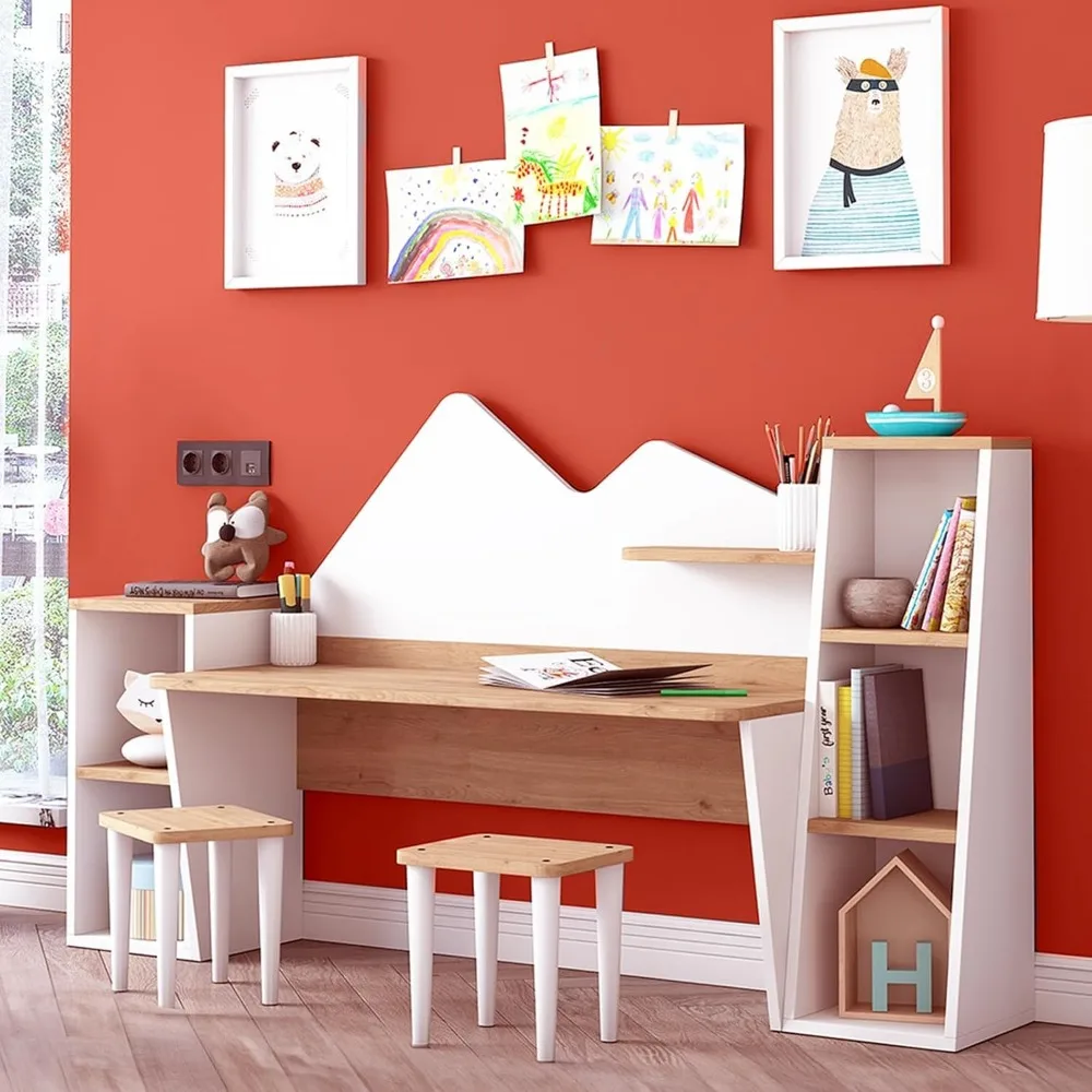 Kid's Study Desk with Bookshelf + Stools, Wooden Children Activity Table with Hutch and Shelves, Kids Bedroom Study Desk 6