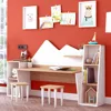 Kid's Study Desk with Bookshelf + Stools, Wooden Children Activity Table with Hutch and Shelves, Kids Bedroom Study Desk 6