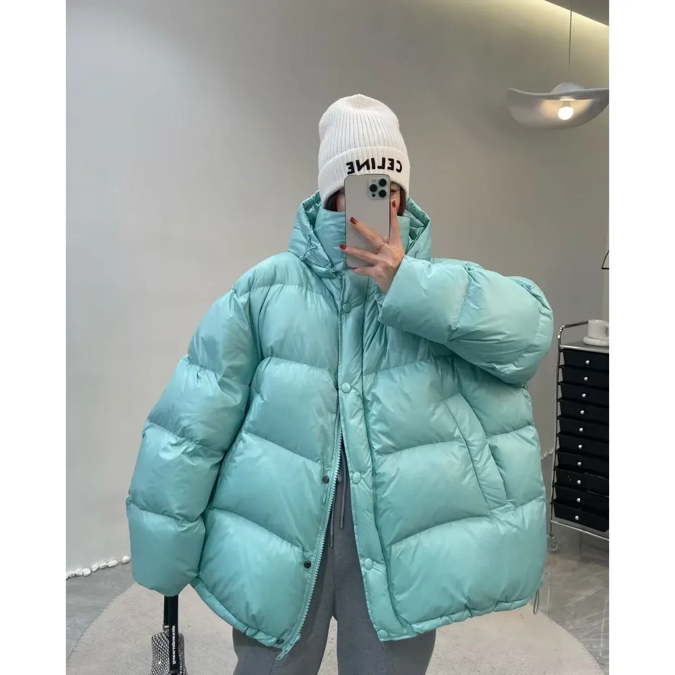 

Korean Fashion Winter 2023 New Loose White Duck Down Stand Collar Hooded Down Jacket Wome Warm Puffer Coat Waterproof Parkas