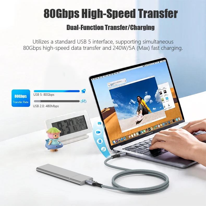 USB5 80Gbps USB-C 케이블 썬더볼트 5 4 16K 비디오 케이블 240W 고속 충전기 아이폰17 16 15 맥북 노트북 하드 디스크 데이터 케이블