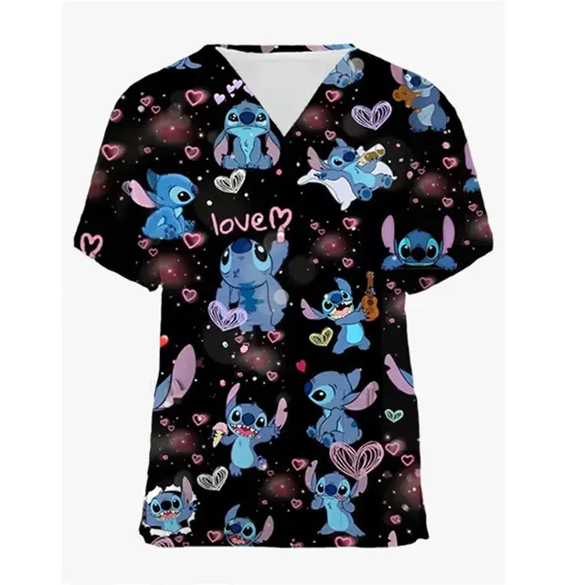 thumbnail image 1 of Camisetas de uniforme de enfermera, camisetas con cuello en V, ropa de hospital de Disney Stitch para mujer, camisetas de verano 2024 con bolsillos para mujer, 1 of 5