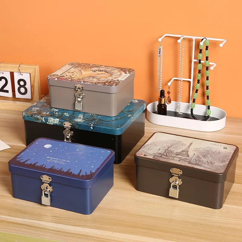 Vintage Tinplate Lockable Storage Box Desktop Storage Cosmetics Sundry Household Jewelry