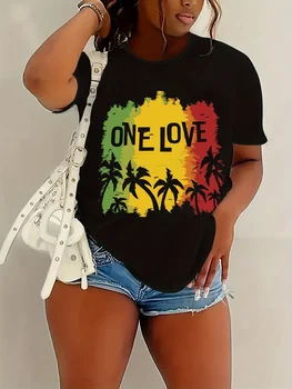 One Love Rasta Palm Tree Women's Tee - Reggae Graphic, Casual Black Top 1