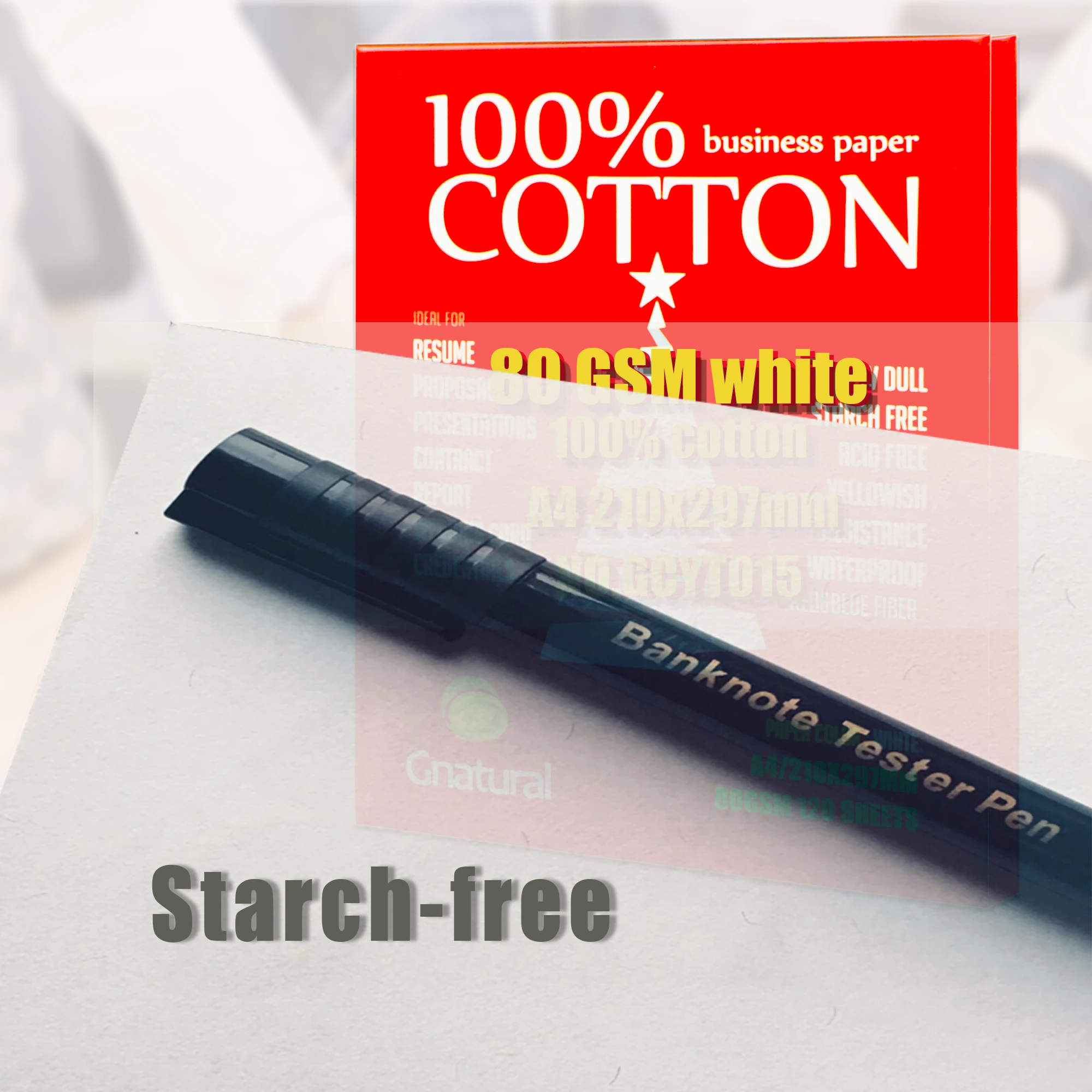 80gsm 100% Cotton Paper A4 210*297mm White Color Starch-free Waterproof 120 Sheets GCYT015 cotton linen paper