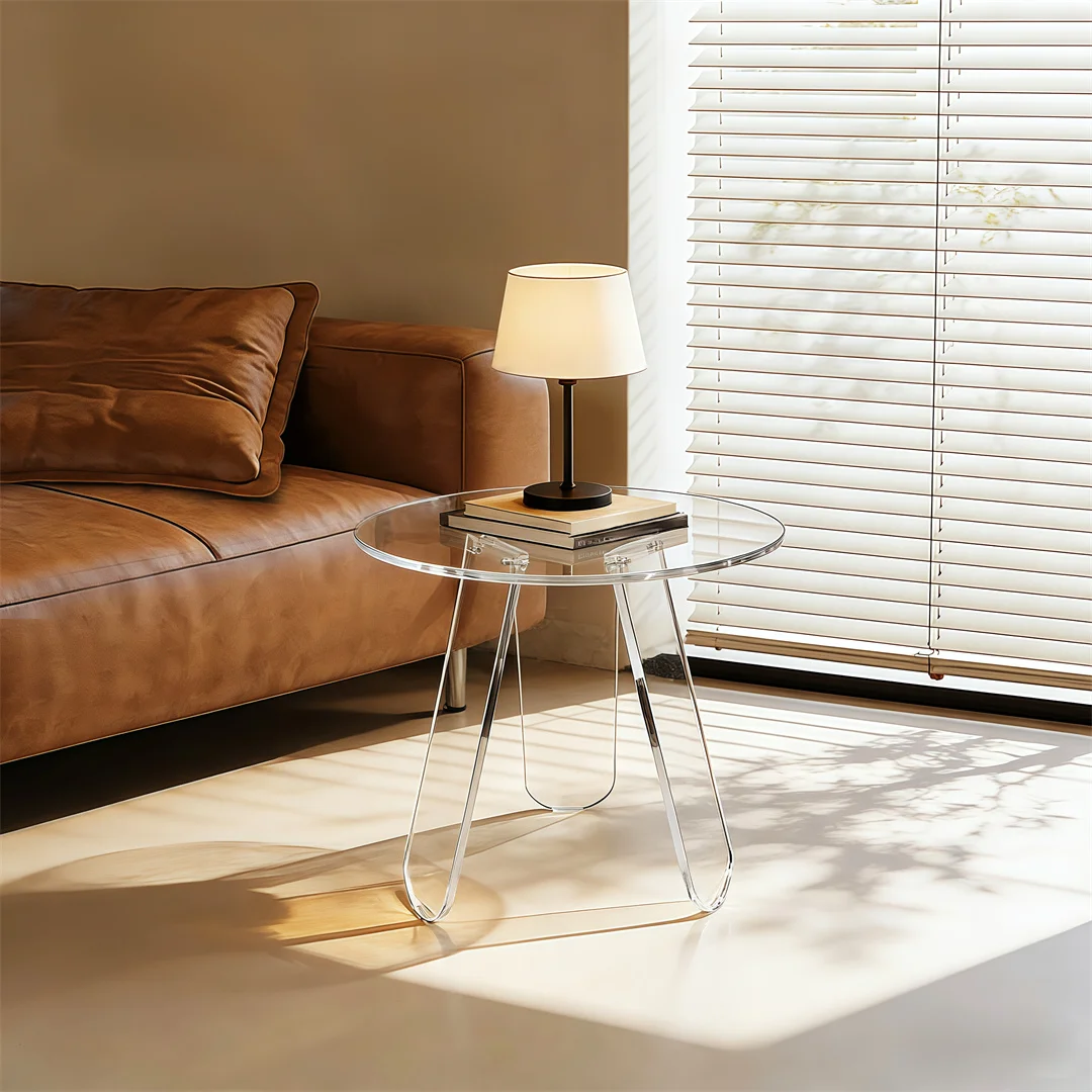 ARTLOGE Acrylic End Table,18” Round Clear Acrylic Side Table with PVC Cover Triangle Legs for Living Room Bedroom