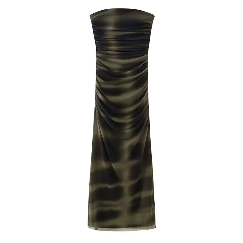 

Women 2023 New Fashion Off Shoulder Tulle Printed Dress Vintage Sleeveless Side Zipper Female Dresses Vestidos Mujer