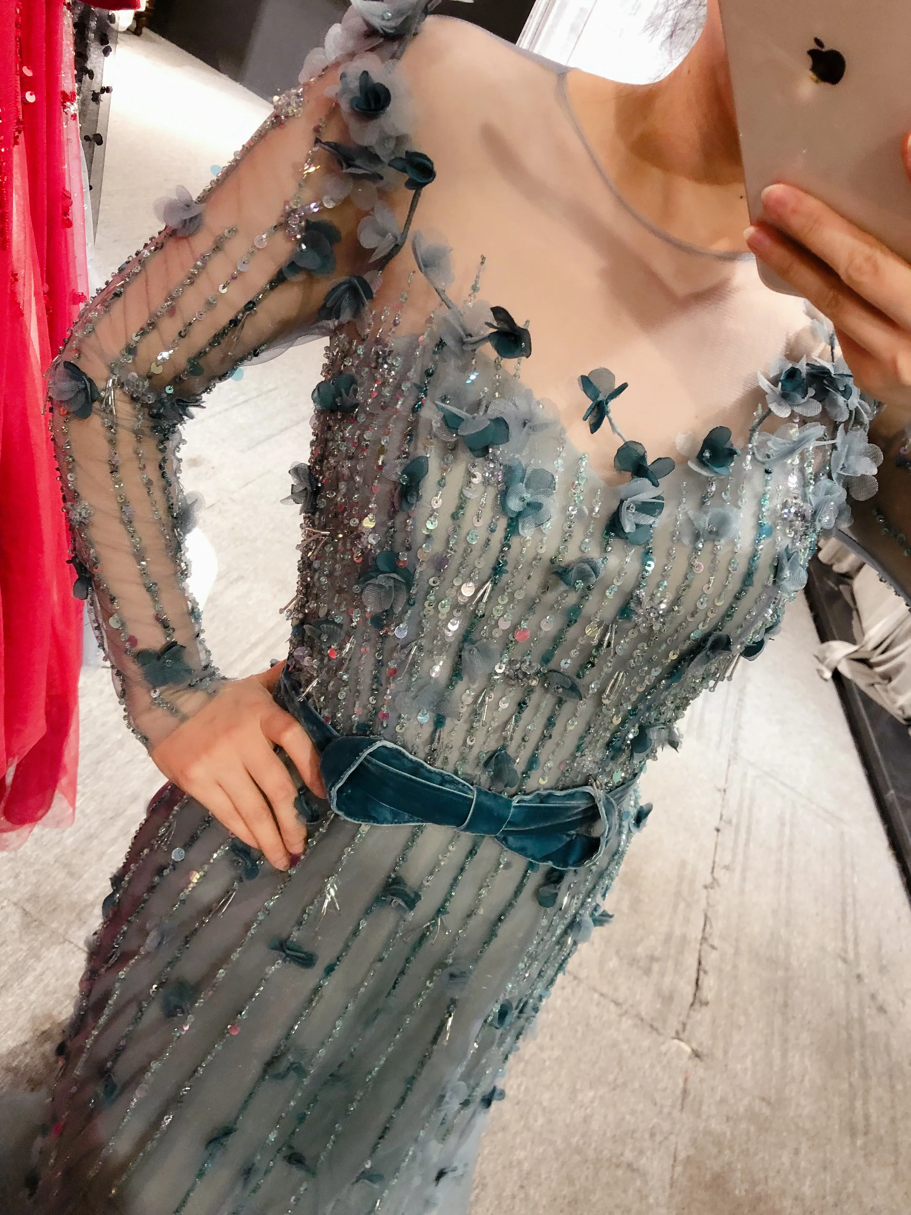 Customized Real Picture Elie Saab Navy Blue Flowers with Beading