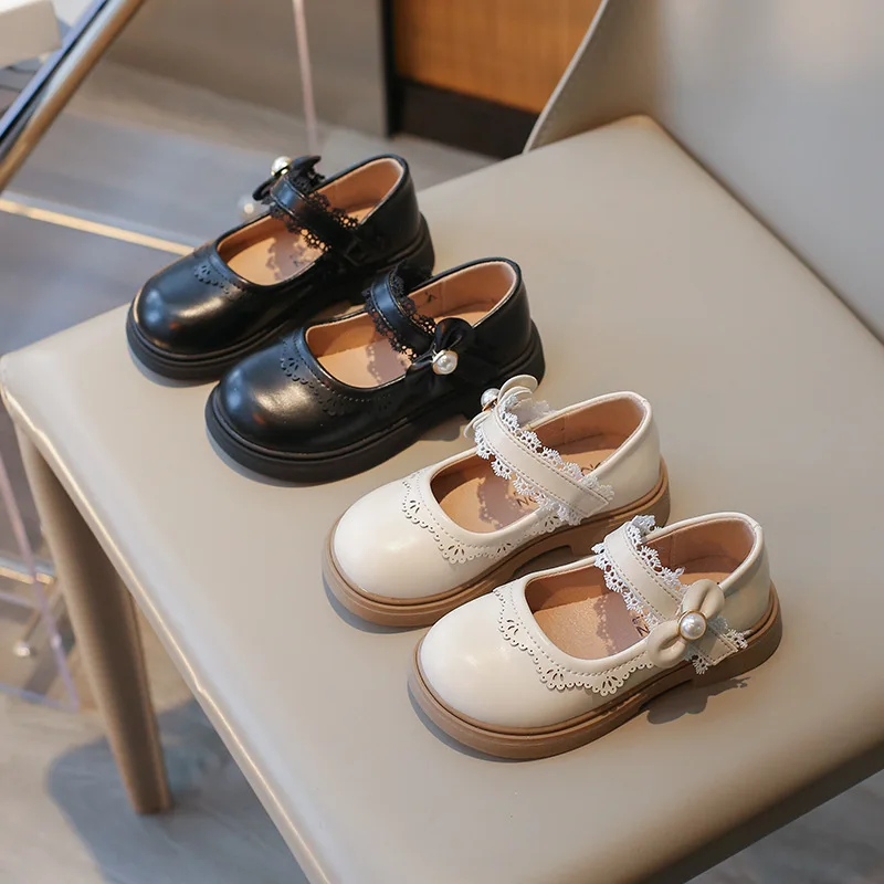 Girls' Flat Shoes Fashion Ruffled Edge Elegant Kids Leather Shoe Thick Bottom Bowknot Mary Janes Sweet Children Princess Shoes