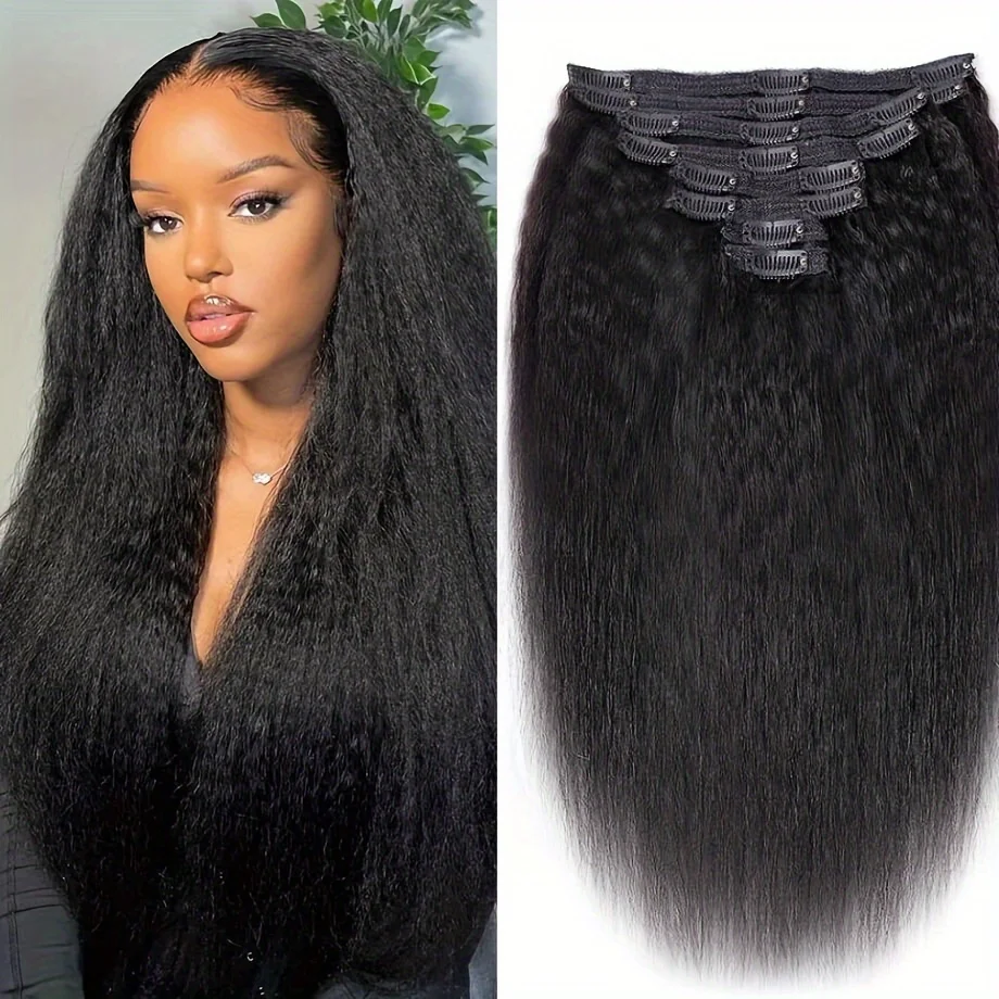 

Kinky Straight Clip in Hair Extensions Real Human Hair Clip in 100% Remy Human Hair 8Pcs With 18Clips Double Lace Weft Hair Clip