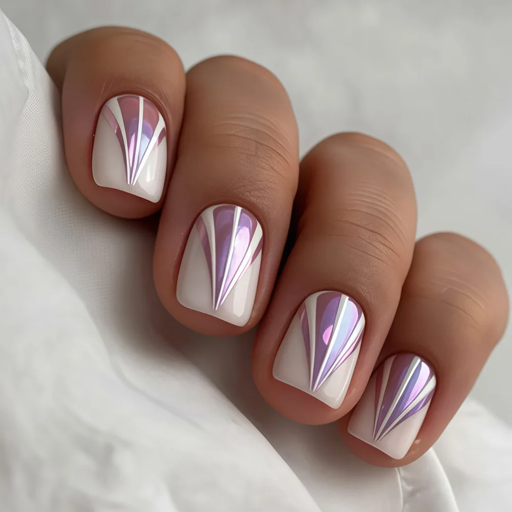 Shimmery Powder Short French Manicure False Nails - 24Pcs Full Cover Wearable Tips