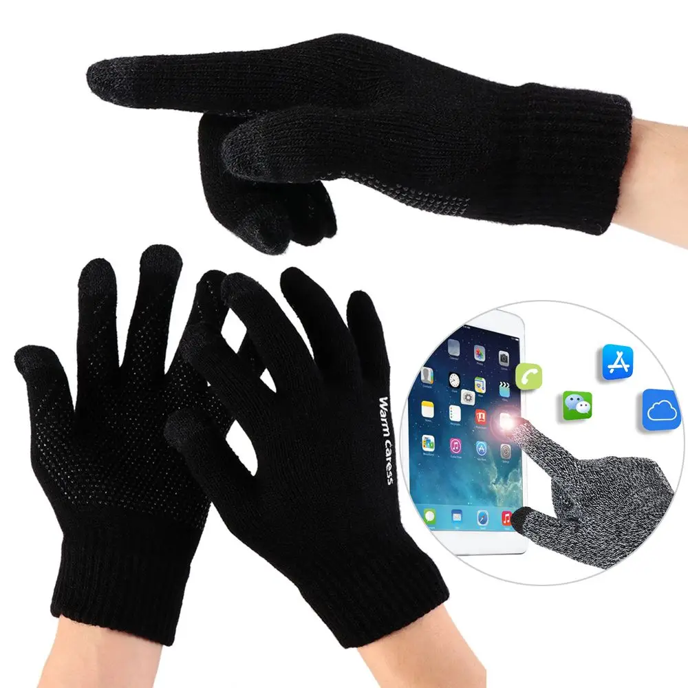 Men Women Touch Screen Gloves Winter Warm Stretch Wool Knitted Full Finger Mittens Non-slip Gloves