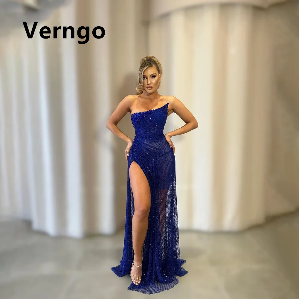 

Verngo Glitter Long Evening Dress Strapless Sleeveless Party Dress Side Slit Sexy Women Formal Dress Prom Gowns