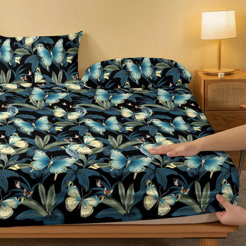 1 Simple modern Plant Flower butterfly printed matte Fitted Sheet, bedroom printed bed cover, bedding (excluding pillowcases) 3