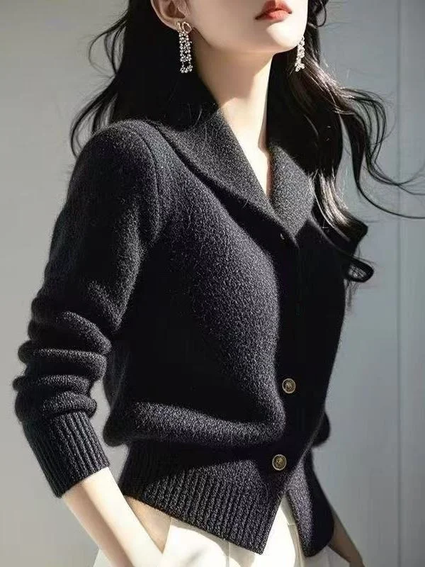 Faionable Korean Sle Blue Knitted Sweater Turn-down Collar Thiened Autumn Winter Women's Clothing Commute Sle Slim Fit