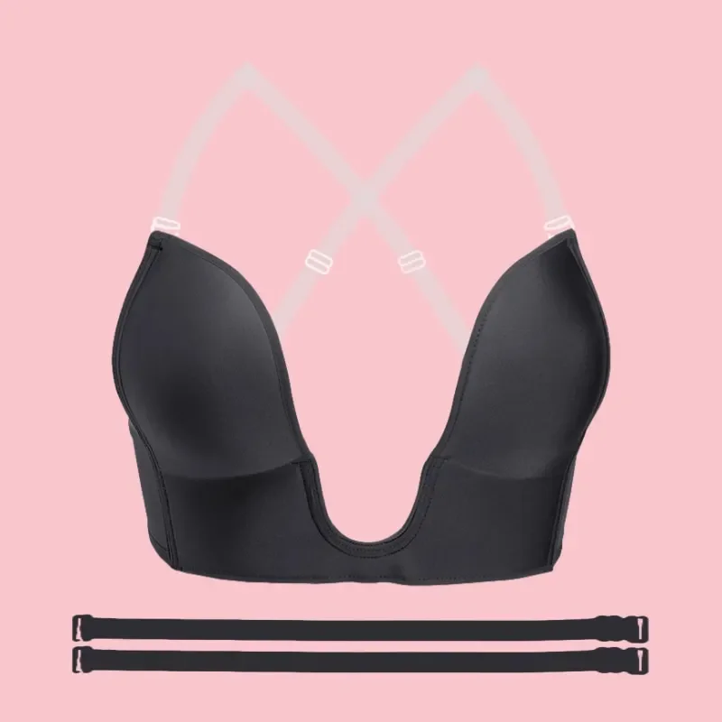 Womens Low Back Bra Deep U Shaped Plunge Backless Bra with Multiway Convertible Clear Straps Body Shaper Lingeres