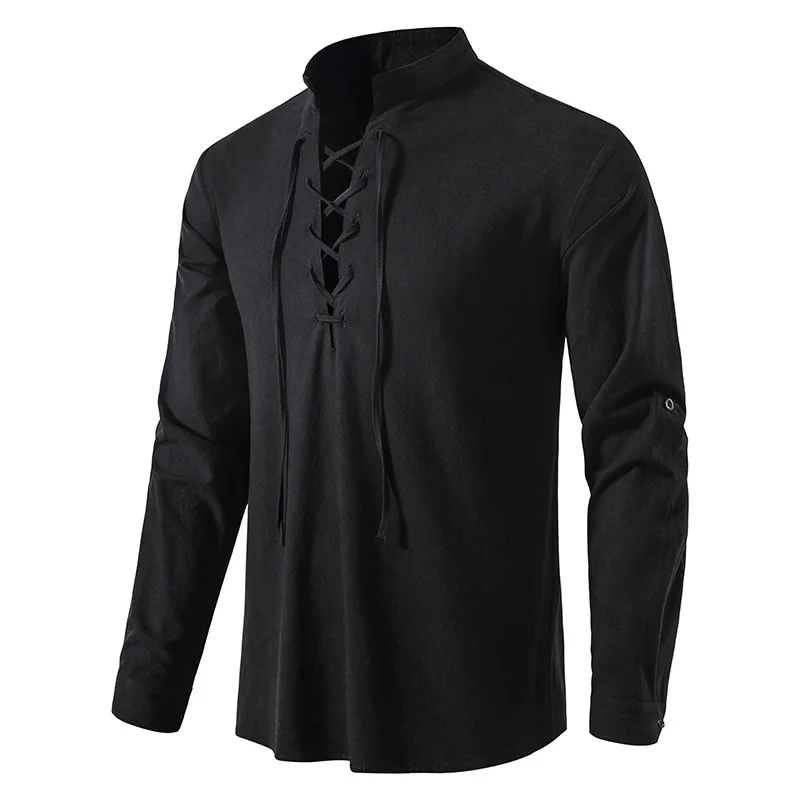 Frühlings-Herren-Vintage-Leinenpullover, Freizeithemd, mittelalterlicher Schnür-Ausschnitt und Stehkragen, langärmelige Kleidung, 3XL – Detail 32