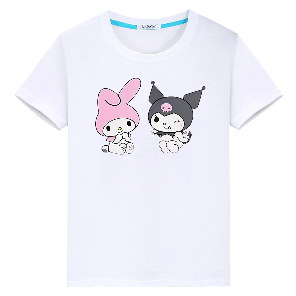 

Футболка Sanrio Kulomi с принтом, 100% хлопок, милые короткие топы, одежда для мальчиков и девочек, y2k, цельные футболки с аниме мелодией и гордостью, детский подарок