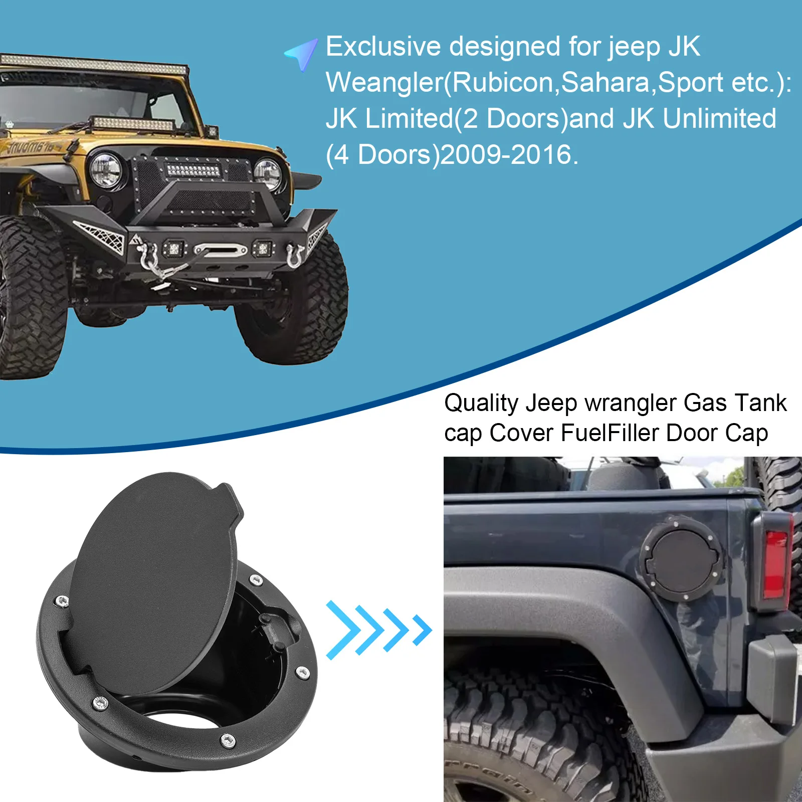 Aluminum Fuel Filler Door Cover With American Flag For Jeep Wrangler JK 2007-2017 - Black, IP68