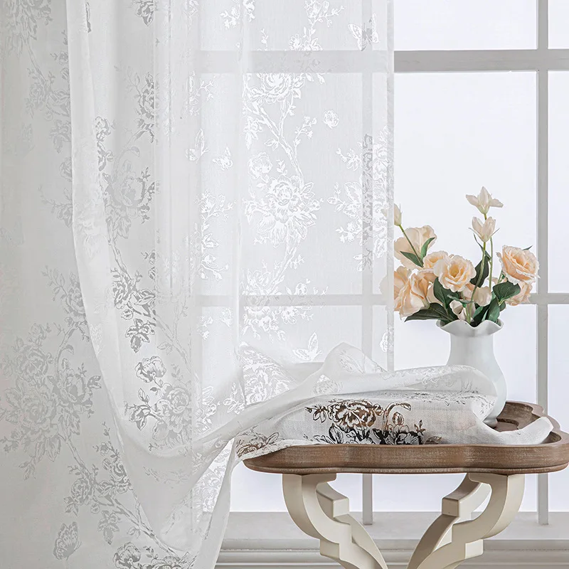 

MK535-Rose embroidery translucent and opaque white gauze curtains