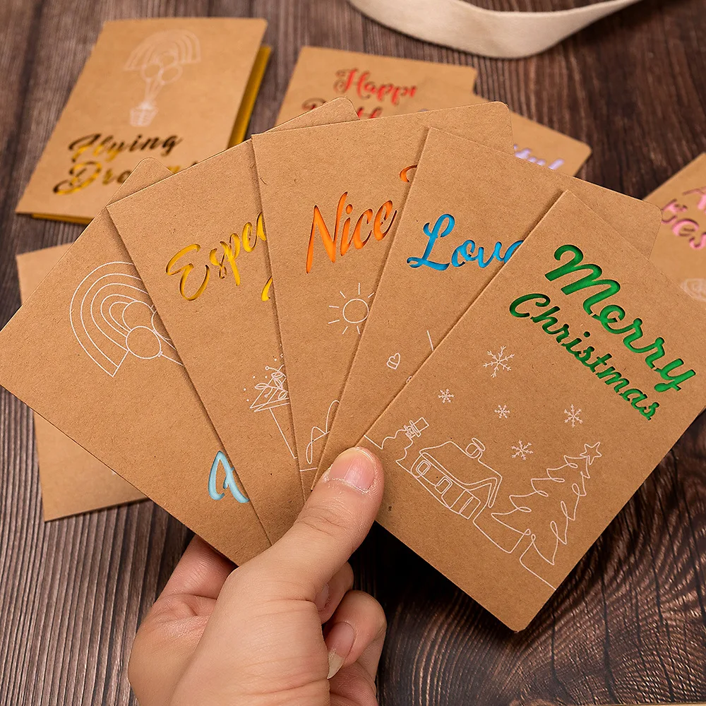 10PCS Vintage Kraft Paper Hollowed Out Creative Handmade Blessing Envelope Greeting Thank You Card Invitation Christmas Gifts