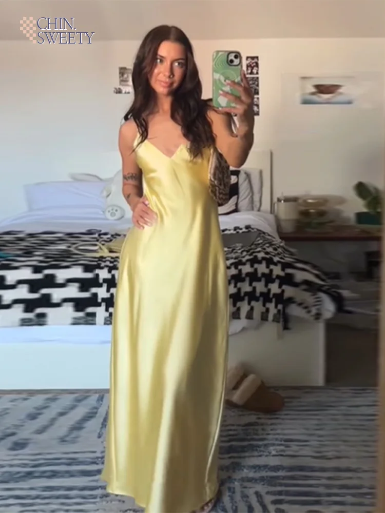 Chic Women Summer New Yellow Stain V Neck Sling Dress Elegant Sleeveless Loose Maxi Robes 2025 New Ladies Party Holiday Dresses