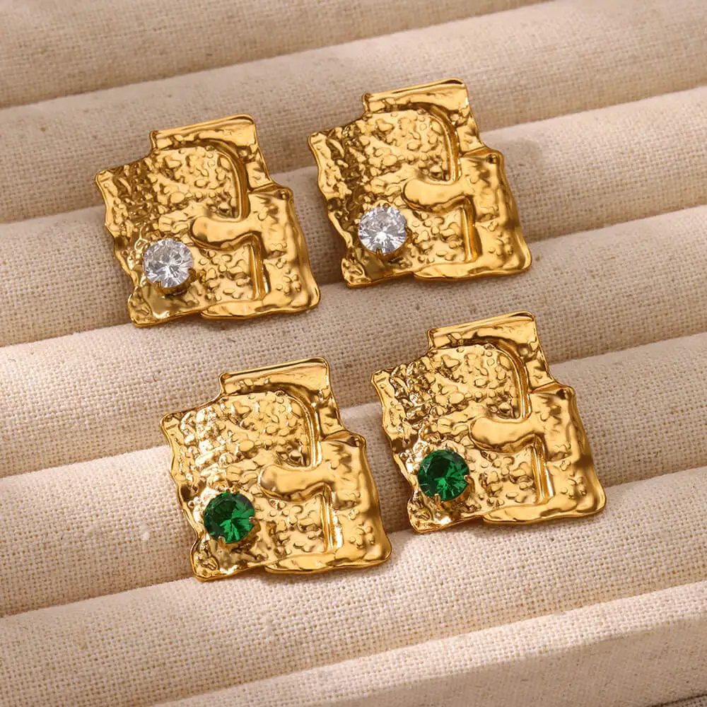 Zircon Irregular Texture Stud Earrings For Women Gold Color