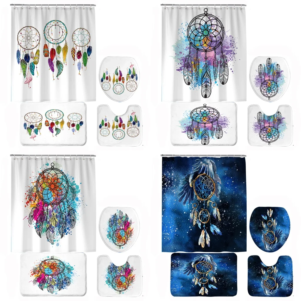

Colorful Watercolor Dreamcatcher Feather Bathroom Curtains Shower Curtain Set for Toilet Home Decor Ethnic Non-slip Bath Mat Rug