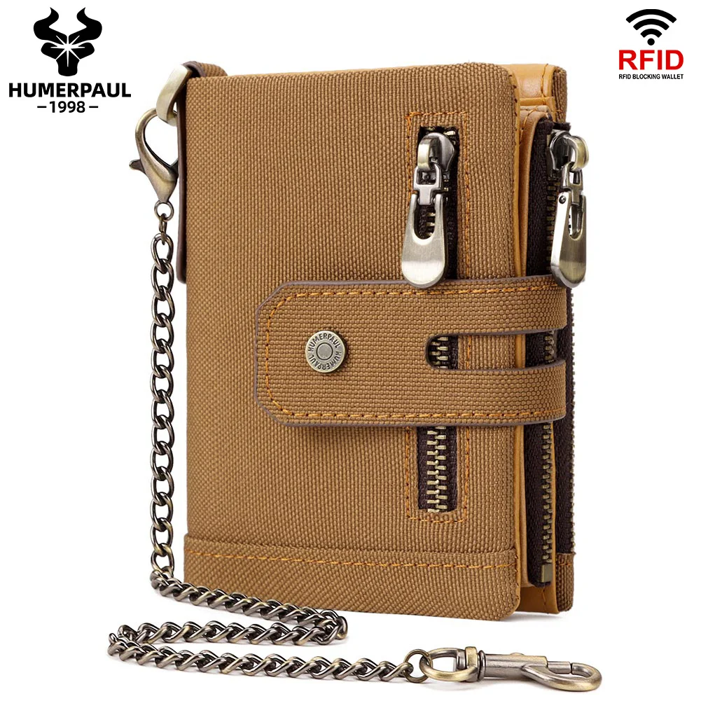 Oxford Men's RFID Blocking Wallet with Zippered Coin Purse and Classic Biker Chain Design