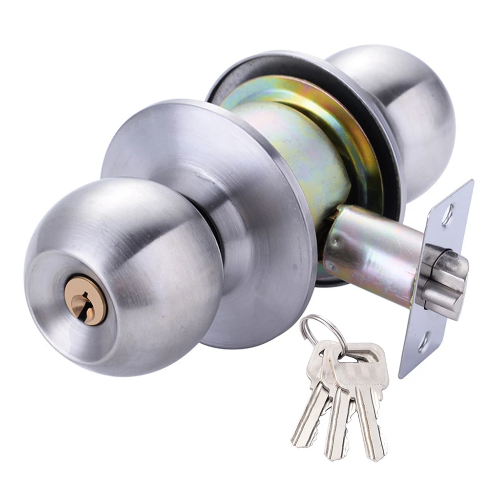 Door Handle Knob Stainless Steel Living Room Lock Locks Hardware with Three Keys Round-shape Locking Gear