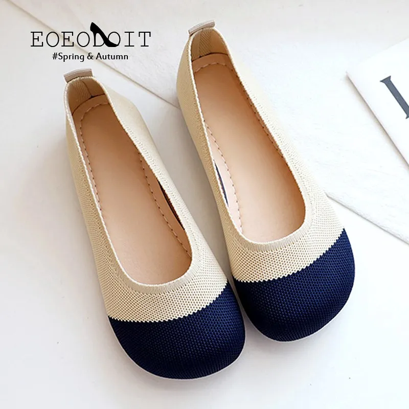 Women Shoes Patchwork Moccasins Shoes Spring Summer Ballet Flats Women Casual Shoes Flat Heel Knitted Square Toe Loafers