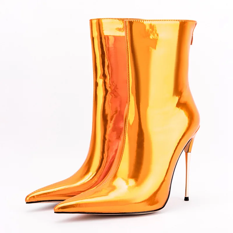 

Metallic Leather Ankle Boots for Women Shoes Pointed Chaussure Femme High Heels Botas De Mujer Patent Back Zip Botines Chelsea