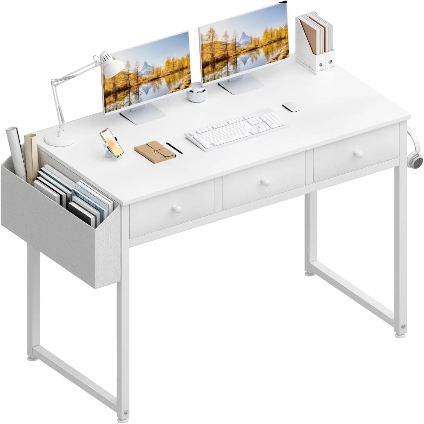 

Lufeiya Small White Computer Desk with Fabric Drawers for Home Office Bedroom, 40 Inch Vanity Desk with Drawer Storage