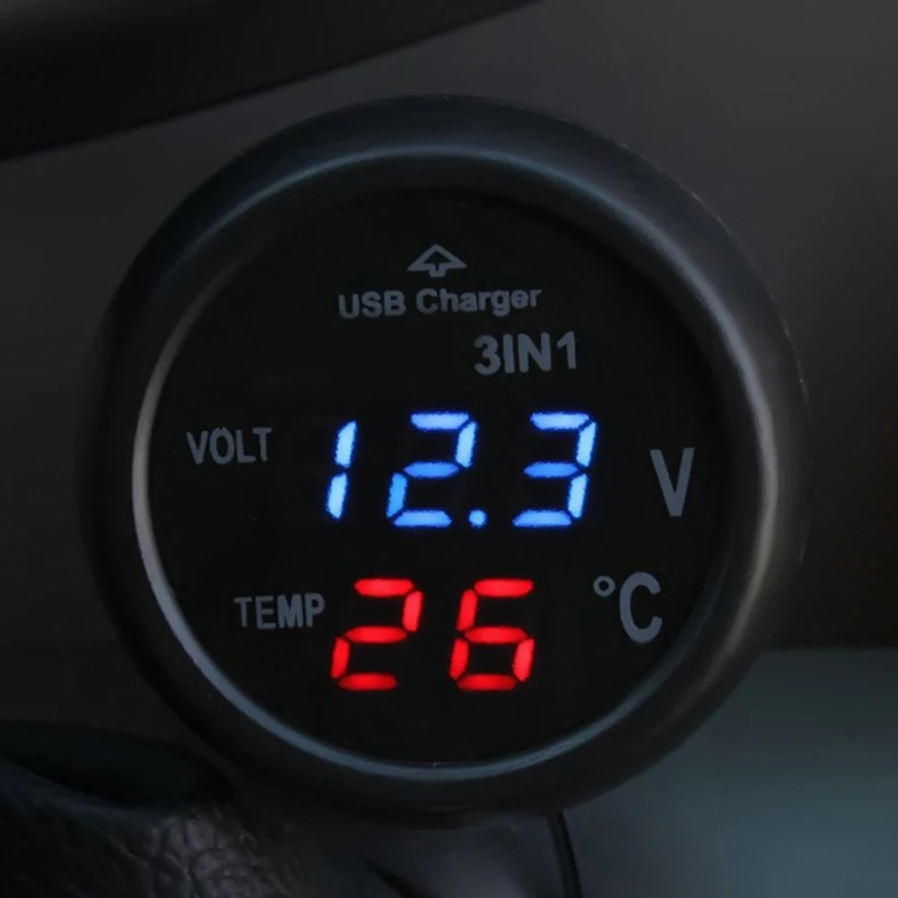 Caricabatterie per Auto 3 in 1 12/24V con Voltmetro e Interruttore, Voltmetro Digitale LED per Auto, Termometro, Caricatore USB - Image 4