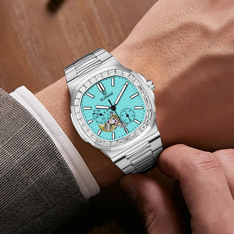 GLENAW Dual Seconds Dual Hour Hand Mechanical Watch Original Stainless Steel Authentic Watch Night Glow Waterproof Men's