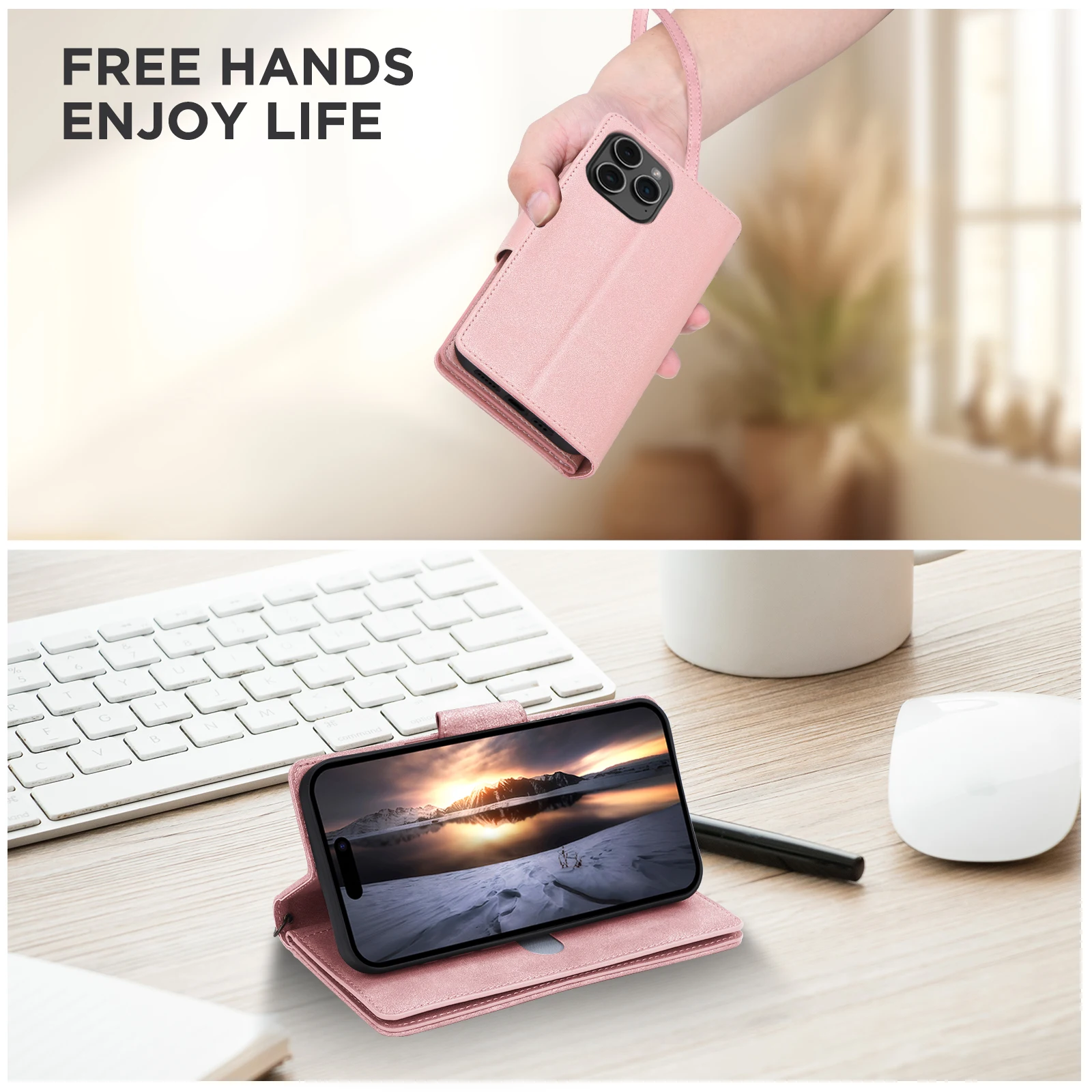 Universal Multi-Card Leather Wallet Case with Zipper, Kickstand, and Magnetic Closure