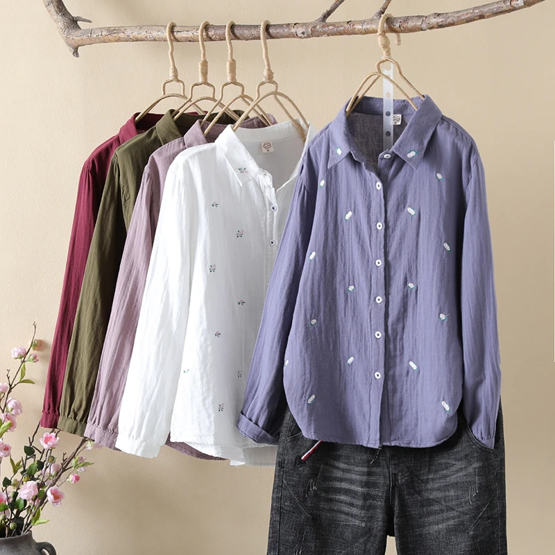 Women Autumn Flower Stripe Spliced 100 Cotton Shirt