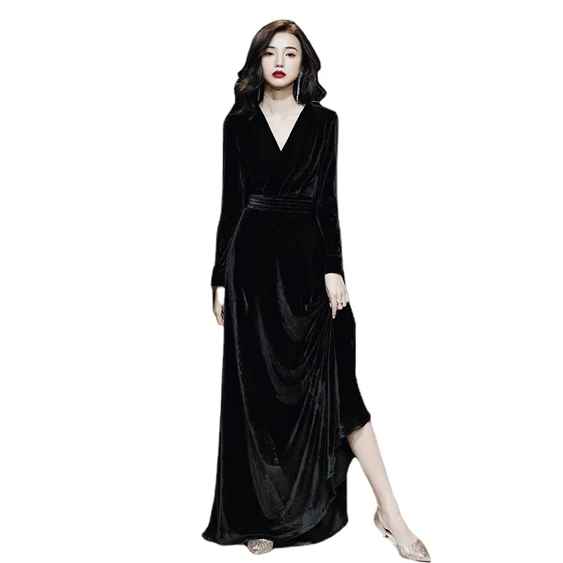 

Velvet evening dress 2023 new summer banquet socialite party black dress dress usually can wear the annual ceremony