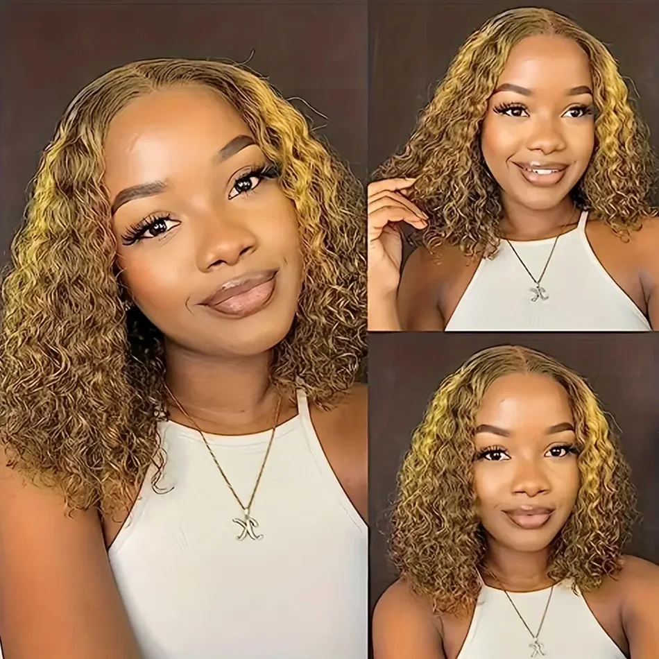 Human hair lace frontal 13x4 HD Lace Short Curly 4/27 Highlight Ombre 200% Deep Wave Bob Wigs